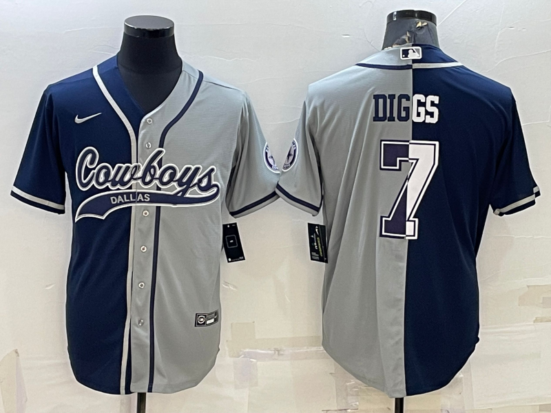 Men's Dallas Cowboys #7 Trevon Diggs Navy/Grey Split With Patch Cool Base Stitched Baseball Jersey